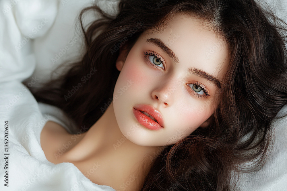 A tranquil studio photograph capturing a woman with long brown hair, seated gracefully while exuding a calm and serene atmosphere, surrounded by soft, natural lighting. A tranquil studio photograph capturing a woman with long brown hair, seated gracefully while exuding a calm and serene atmosphere, surrounded by soft, natural lighting.