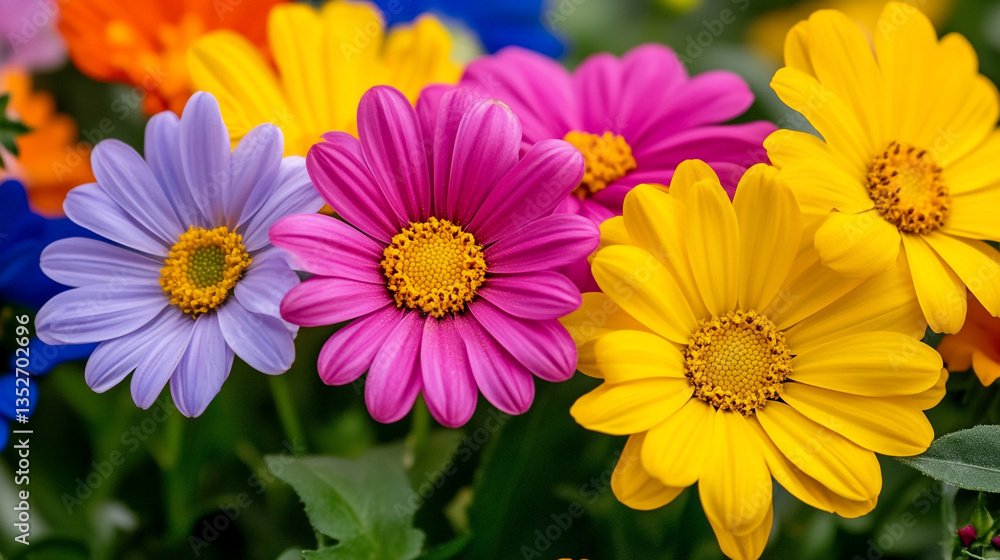 Obraz premium A vibrant, high-resolution close-up photograph capturing a cluster of colorful flowers in a picturesque garden setting, showcasing intricate details and a lively explosion of hues