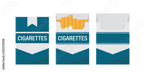 Cigarette pack set, cardboard template design isolated on white background. Rectangular cigarettes container, paperboard pack for tobacco. Nicotine addiction, stop smoking.