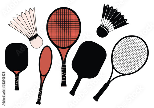 Racket sports vector set with tennis, badminton, ping pong, pickleball paddles and shuttlecocks