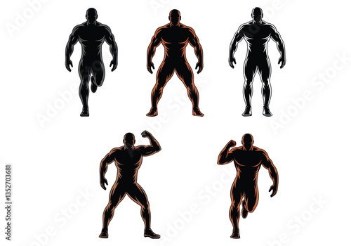 Bodybuilder silhouette vector set featuring muscular male poses in fitness, strength, and flex stances