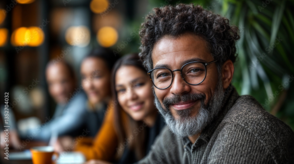 Portrait of an older African-American man working at a communal table in a modern coworking center Portrait of an older African-American man working at a communal table in a modern coworking center