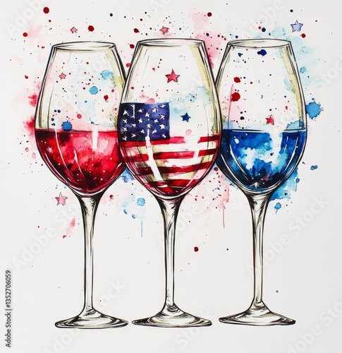 Patriotic Wine Glasses with Red, White, and Blue Watercolor Design for an American Flag Independence Day Celebration