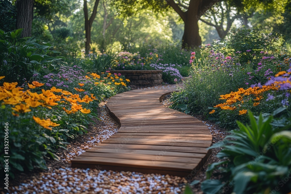 Obraz premium Beautiful winding pathway through a vibrant garden filled with colorful flowers and lush greenery in the early morning light