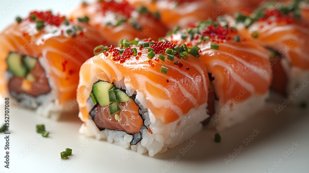 Sushi rolls fresh salmon avocado served with soy sauce and wasabi isolated on a white background elegant Japanese dish focus Sushi rolls fresh salmon avocado served with soy sauce and wasabi isolated on a white background elegant Japanese dish focus