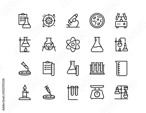 Science Research Vector Icon Set | Adjustable Line Weight | Microscope, laboratory, chemistry, biology, experiment, flask, test tube, atom, analysis, medical, innovation, biotechnology, education icon