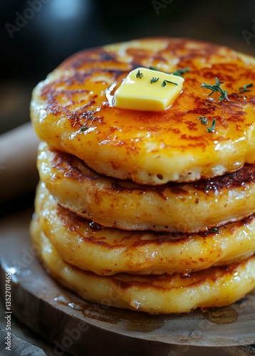 Fluffy Pancakes Stacked High With Butter and Herbs on a Wooden Plate