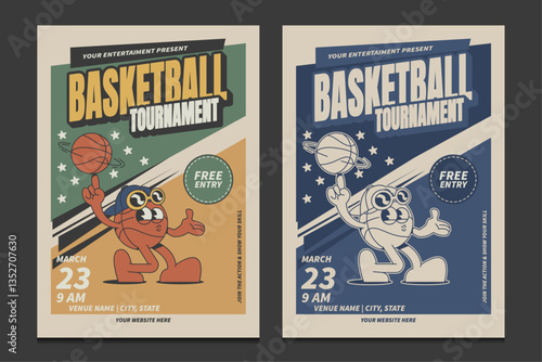retro basketball tournament poster with vintage mascot character, vector, illustration