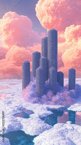 An ethereal city rises from dreamy landscapes amongst pink clouds