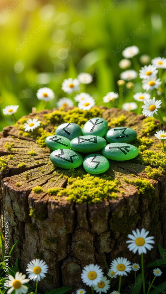 Fototapeta premium Magical runes on mossy stump surrounded by daisies. For instagram stories 