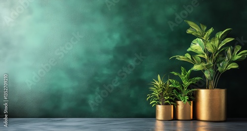 Beautiful Collection of Indoor Plants in Golden Pots Against a Turquoised Wall