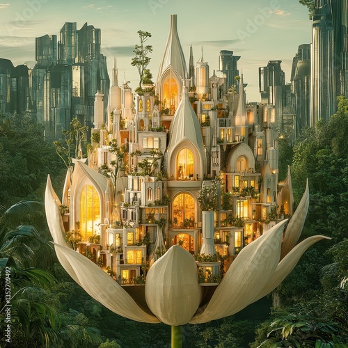 A fantasy city composed of buildings growing from giant flower petals