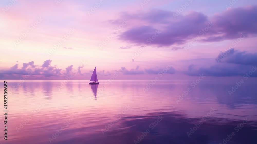 Obraz premium A serene sailboat gliding across tranquil waters during a colorful sunset.