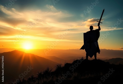 Silhouetted figure atop hill, sword raised, shield emblazoned with Joshua's command, Joshua, biblical