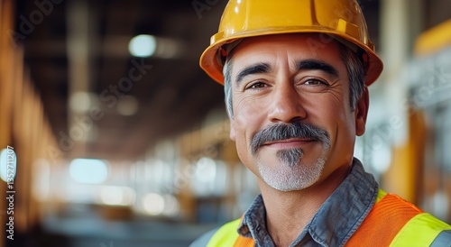 Construction Worker Smiling in Warehouse During Daytime, Dressed in Safety Ge...
