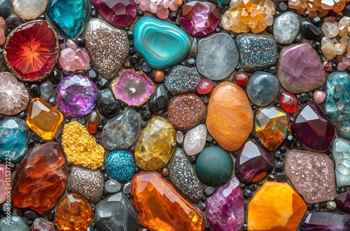 Colorful Display of Sparkling Gemstones in a Vibrant Arrangement Under Bright...