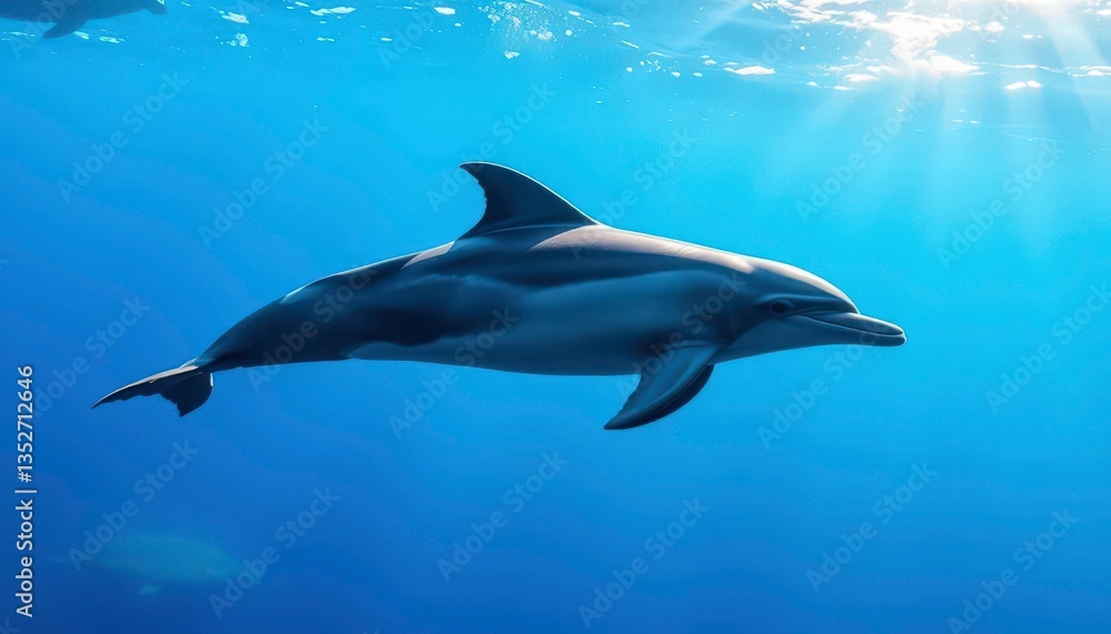 Obraz premium Sleek bottlenose dolphin swimming gracefully in ocean, sunlight dappling its skin, mammal photography, marine life