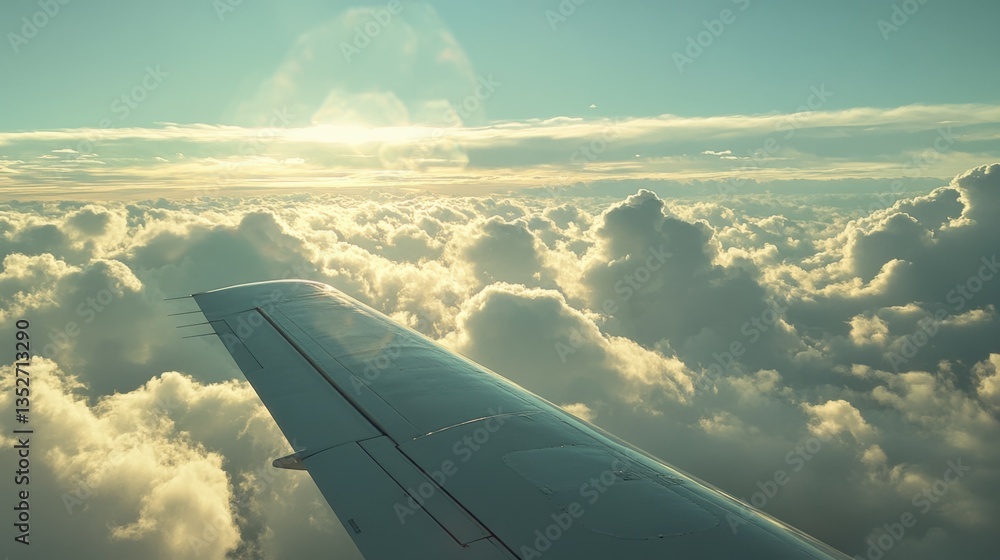 Airplane wing with a blue sky and fluffy clouds in the background. Airplane wing with a blue sky and fluffy clouds in the background.