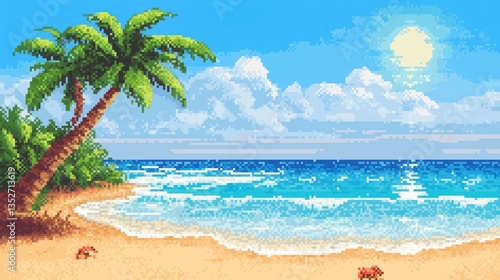 A serene tropical beach featuring palm trees, soft sand, and a bright blue ocean under a sunny sky. A vibrant pixel art landscape, classic video game scene.
