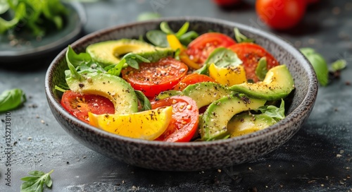 Fresh Salad With Tomatoes, Avocados, and Leafy Greens at Lunchtime in a Brigh...