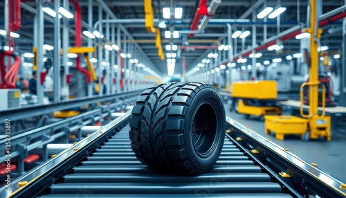 Wallpaper Mural Sleek rubber tires on a conveyor belt glide through a brightly lit modern factory assembly line, production, efficient Torontodigital.ca