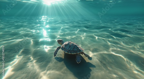 Sea Turtle Swimming in Sparkling Ocean Under Bright Sun With Fluffy Clouds Above