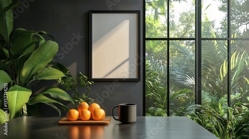 Bright Indoor Setting With Empty Frame and Fruits on a Table in a Lush Green ...