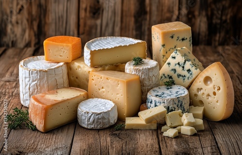 Varieties of Cheese Displayed on Rustic Wooden Table With Herbs and Textures