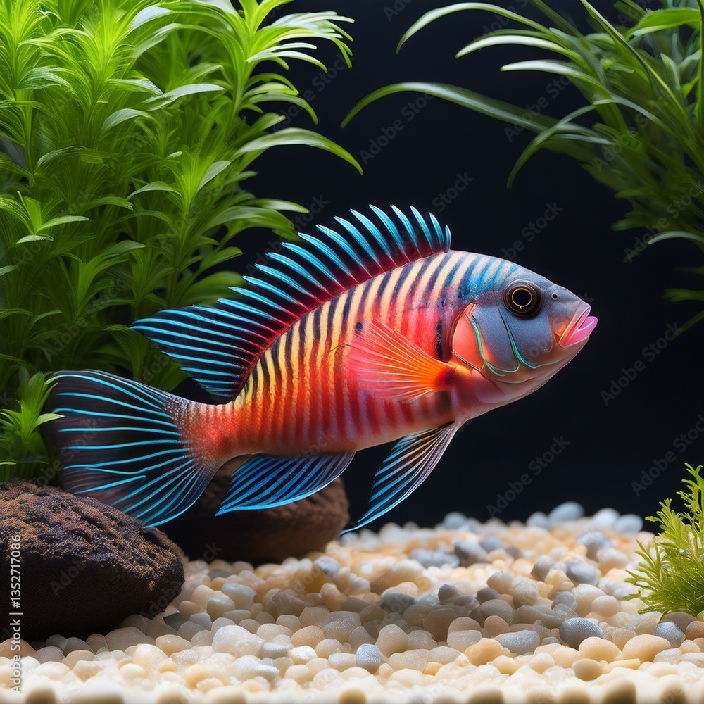 tropical fish Malawi cichlid with plants and gravel in the aquarium