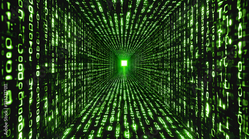 Digital green matrix tunnel with glowing binary code, representing cyber security and artificial intelligence