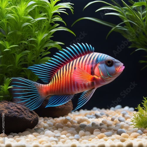 Obraz na płótnie tropical fish Malawi cichlid with plants and gravel in the aquarium w salonie