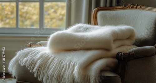 Soft Rolled Blankets Arranged Neatly on a Cozy Armchair by a Bright Window in...