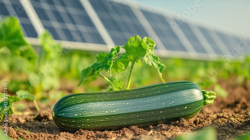 Green Zucchinis Growing in a Sunny Garden Near Solar Panels on a Bright Day