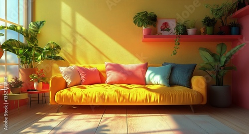Bright Floral Couch in a Sunlit Living Room With Plants