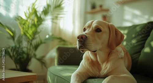 Yellow Labrador Resting on a Green Couch in a Bright Living Room With Sunligh...