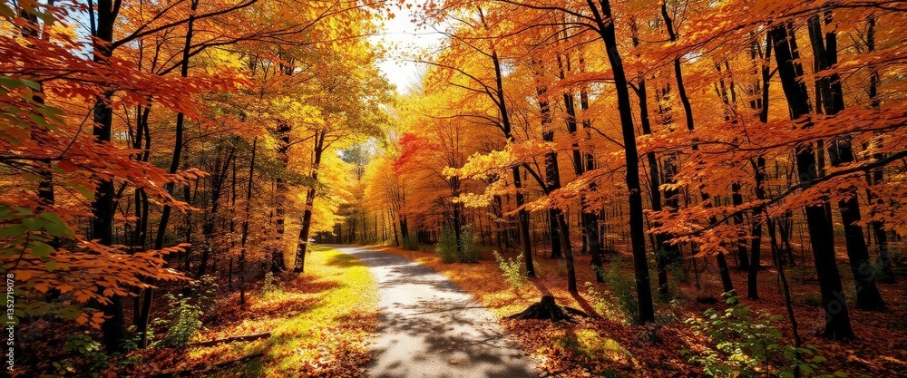 Fototapeta premium Sun-dappled path through vibrant autumn woods, leaves ablaze, yellow, vibrant