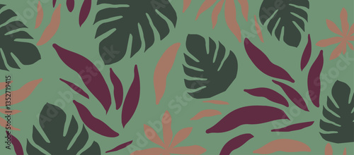 Cute botanical shapes pattern, random cutouts of tropical leaves and flowers, decorative abstract art vector illustration