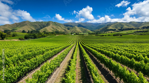 A Picturesque Vineyard Overlooking Marlborough's Rolling Hills, Showcasing Neatly Arranged Rows of Grapevines Bathed in Golden Sunlight