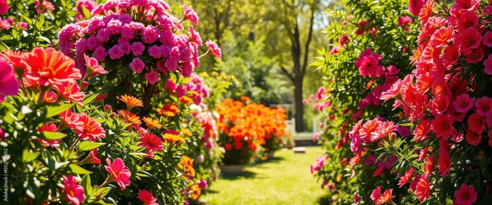 Fototapeta premium Sun-drenched garden with empty square frame, vibrant blooms, square, botany