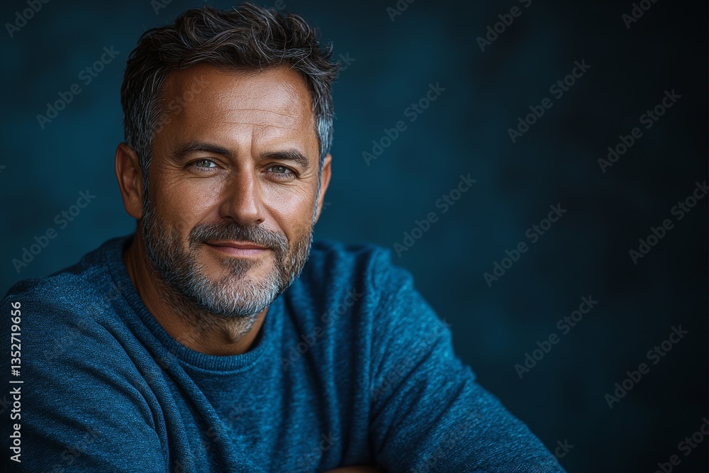 Portrait of a handsome, smiling middle-aged man in a blue sweatshirt, isolated against a blue background. Portrait of a handsome, smiling middle-aged man in a blue sweatshirt, isolated against a blue background.