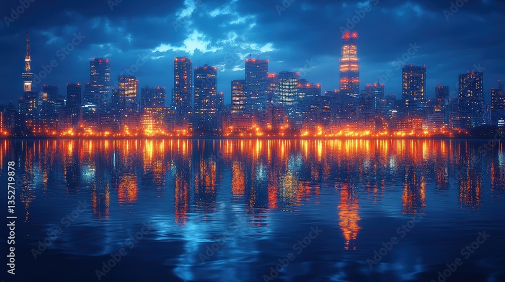 Fototapeta premium Vibrant city skyline at dusk with illuminated buildings reflecting on water