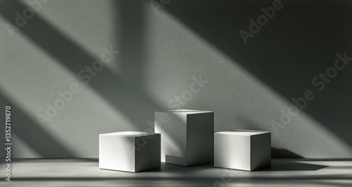 Three Geometric Blocks Casting Shadows in a Minimalist Room With Soft Light