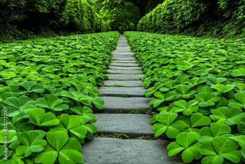 A Serene Walkway Framed by Lush Green Leaves and Golden Shamrocks, Inviting Wanderers into a Tranquil Natural Oasis of Growth and Life