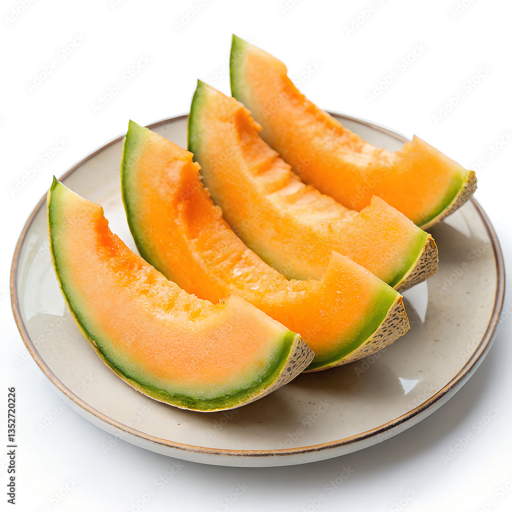 Sweet cantaloupe slices fanned out on a plate, isolated on a white background Sweet cantaloupe slices fanned out on a plate, isolated on a white background