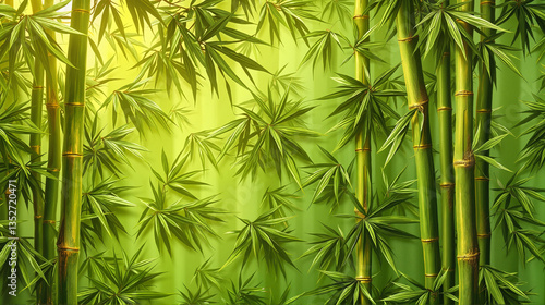 Vibrant green bamboo leaves and stalks illuminated by warm light