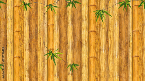 Rustic bamboo texture with green leaves and natural background