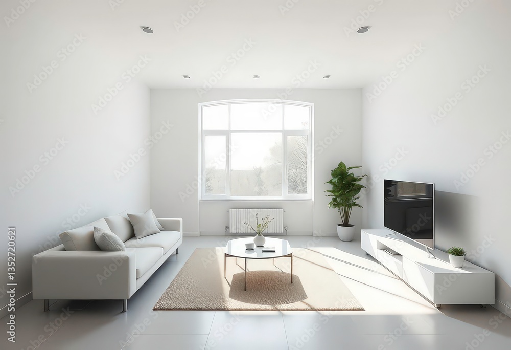 Fototapeta premium Sunlit minimalist living room with white walls, modern sofa, and large window, interior design, room