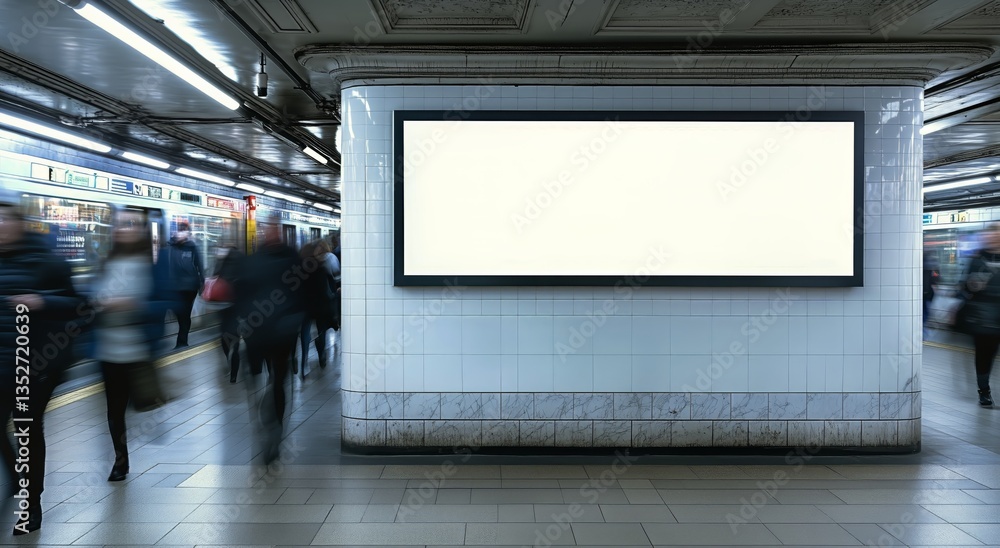 Busy Subway Station With Empty Advertising Space During Rush Hour in an Urban Setting Busy Subway Station With Empty Advertising Space During Rush Hour in an Urban Setting