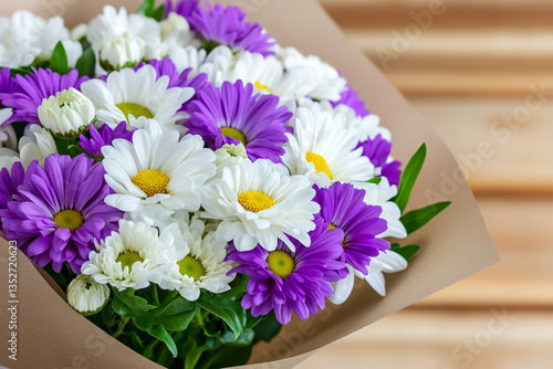 Wallpaper Mural A Vibrant Bouquet of Elegantly Arranged White and Purple Asters, Beautifully Wrapped in Textured Paper for a Charming Floral Gift Display Torontodigital.ca
