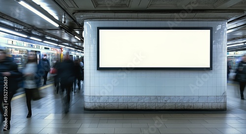 Busy Subway Station With Empty Advertising Space During Rush Hour in an Urban...